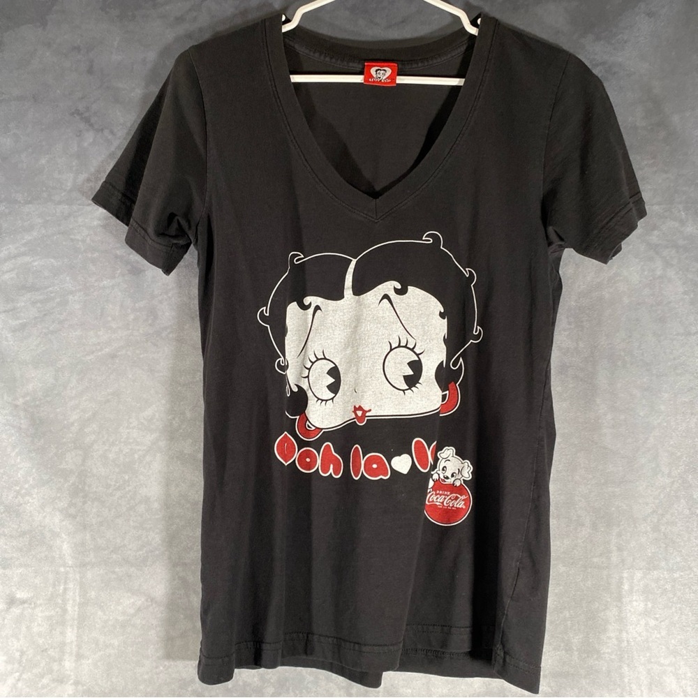 Betty Boop Ooh La La Coca Cola Puppy Black V Neck T-shirt Size Medium Retro Y2K